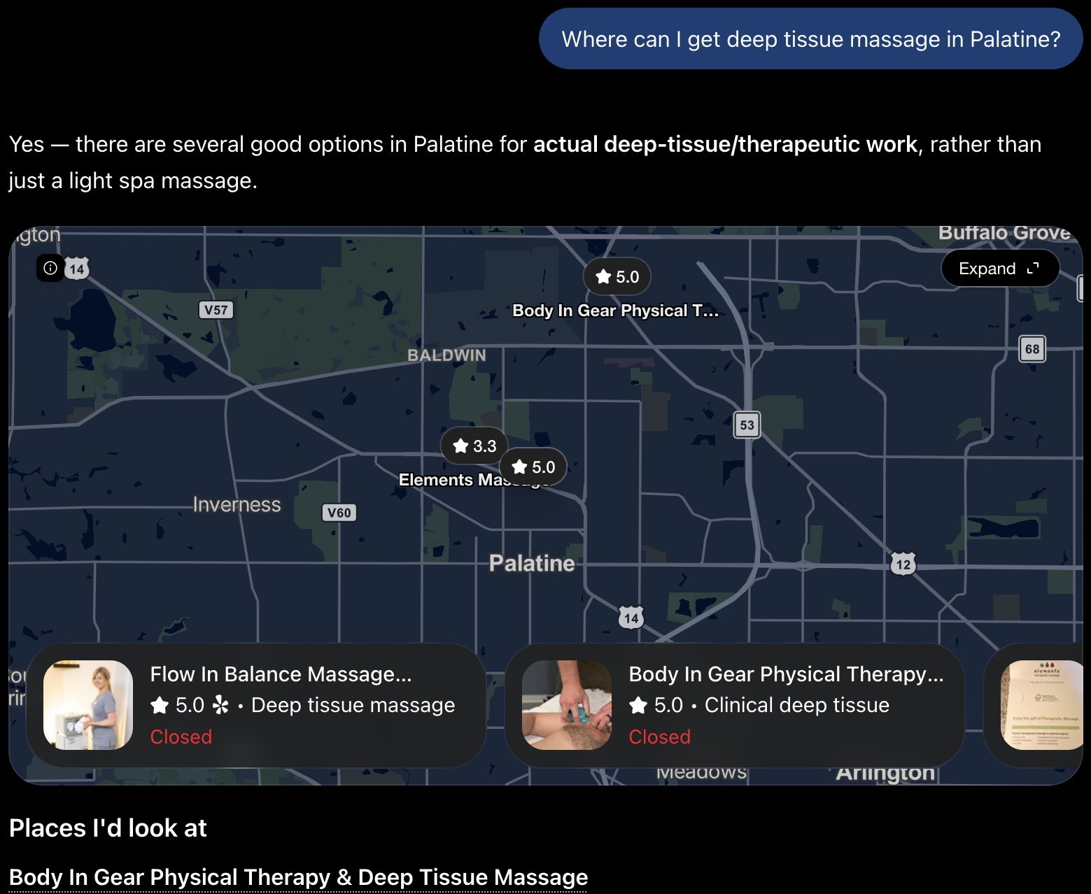 Client-provided answer capture for the query about deep tissue massage in Palatine, showing Body N Gear on the local map.