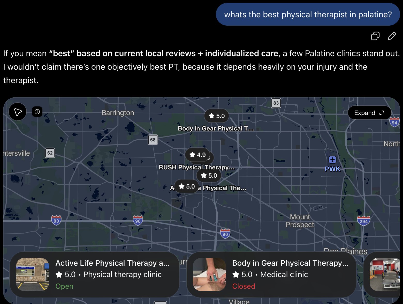Client-provided answer capture for the query about the best physical therapist in Palatine, showing Body N Gear on the local map.